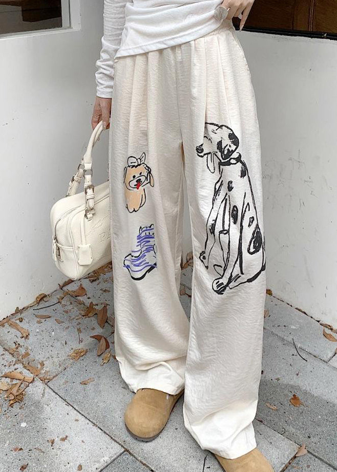 Casual White Pockets Graffiti Print Cotton Pants Fall
