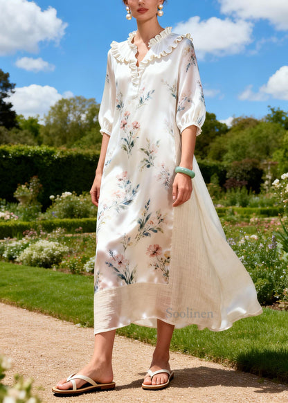 Casual White Ruffled Patchwork Print Linen Silk Dresses Summer