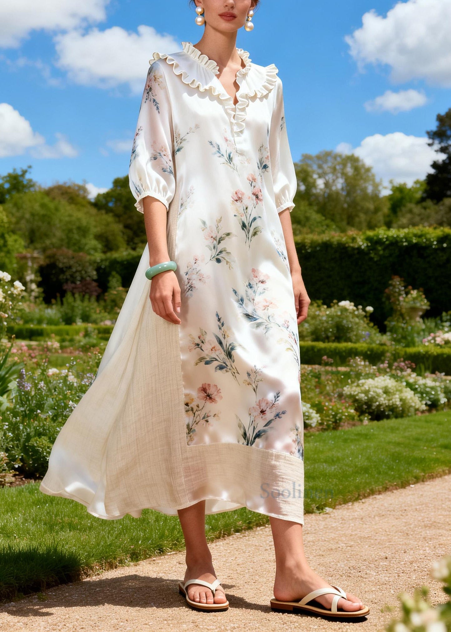 Casual White Ruffled Patchwork Print Linen Silk Dresses Summer