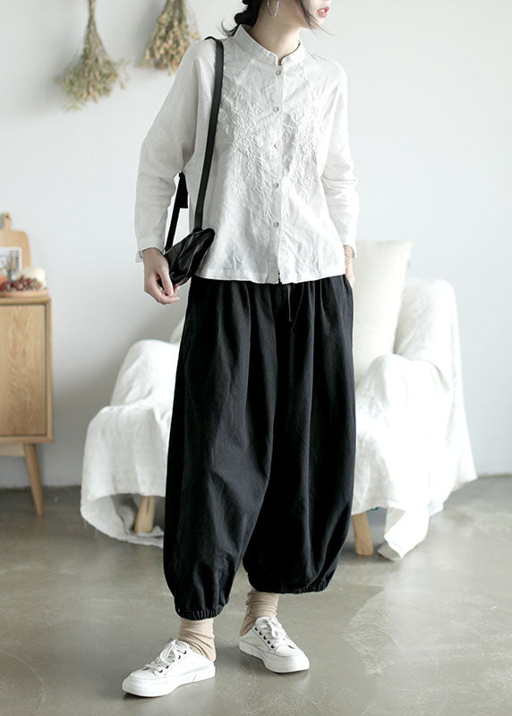 Lässiges weißes Stehkragenknopf besticktes Hemd Top Langarm