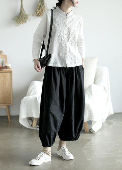 Lässiges weißes Stehkragenknopf besticktes Hemd Top Langarm