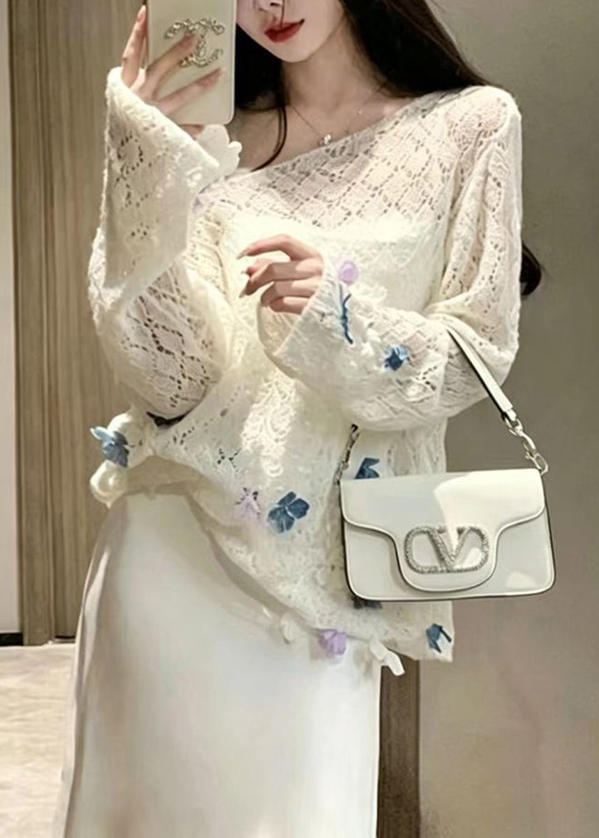 Casual White Stereoscopic Floral Hollow Out Knit Sweaters Fall