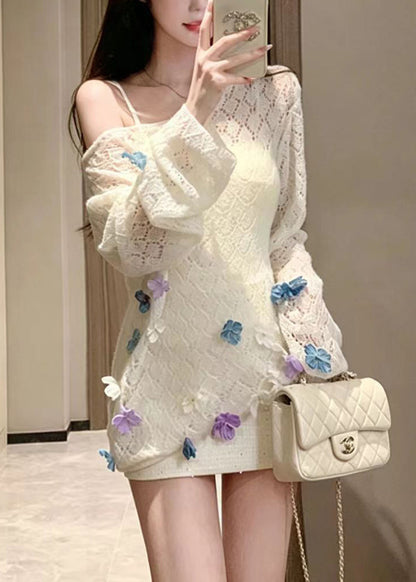Casual White Stereoscopic Floral Hollow Out Knit Sweaters Fall