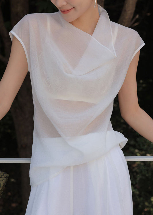 Casual White Turtle Neck Chiffon Sheer Tops Sleeveless