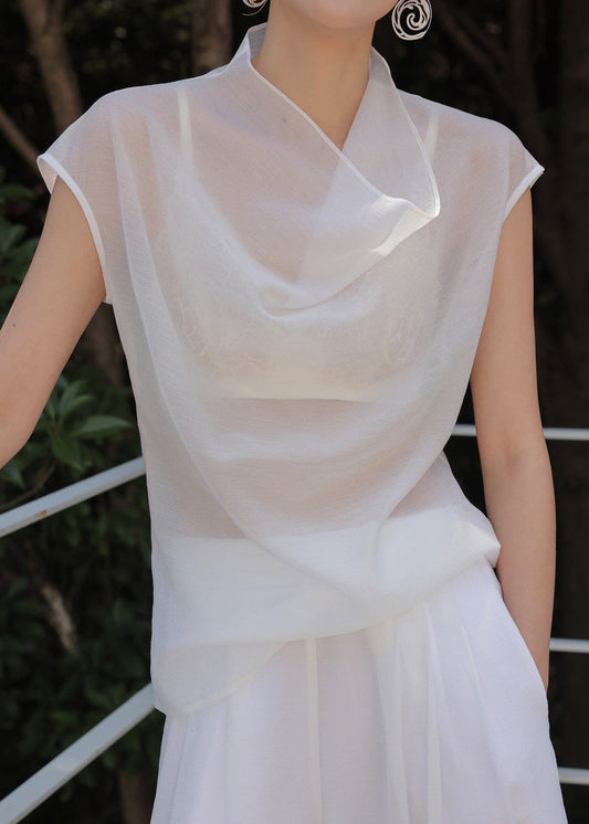 Casual White Turtle Neck Chiffon Sheer Tops Sleeveless