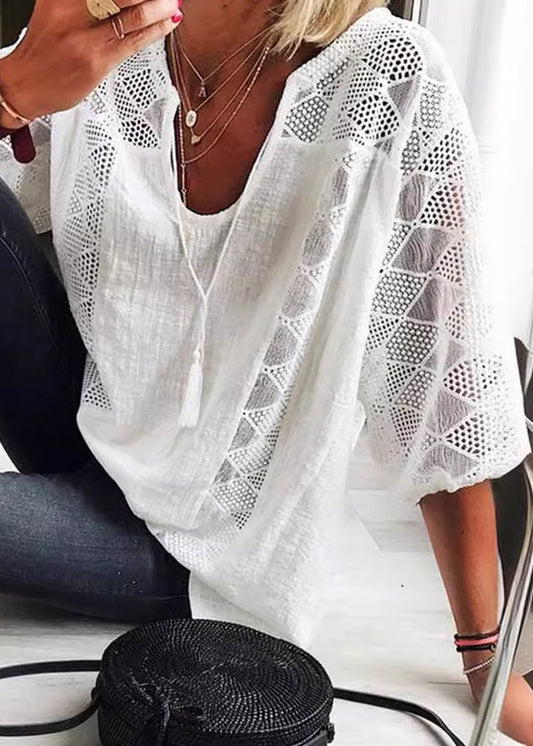 Casual White U Neck Hollow Out Patchwork Cotton Blouses Summer