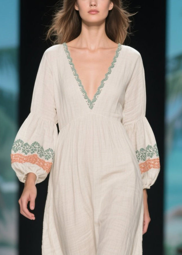 Casual White V Neck Patchwork Linen Dress Lantern Sleeve