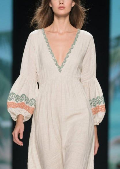 Casual White V Neck Patchwork Linen Dress Lantern Sleeve