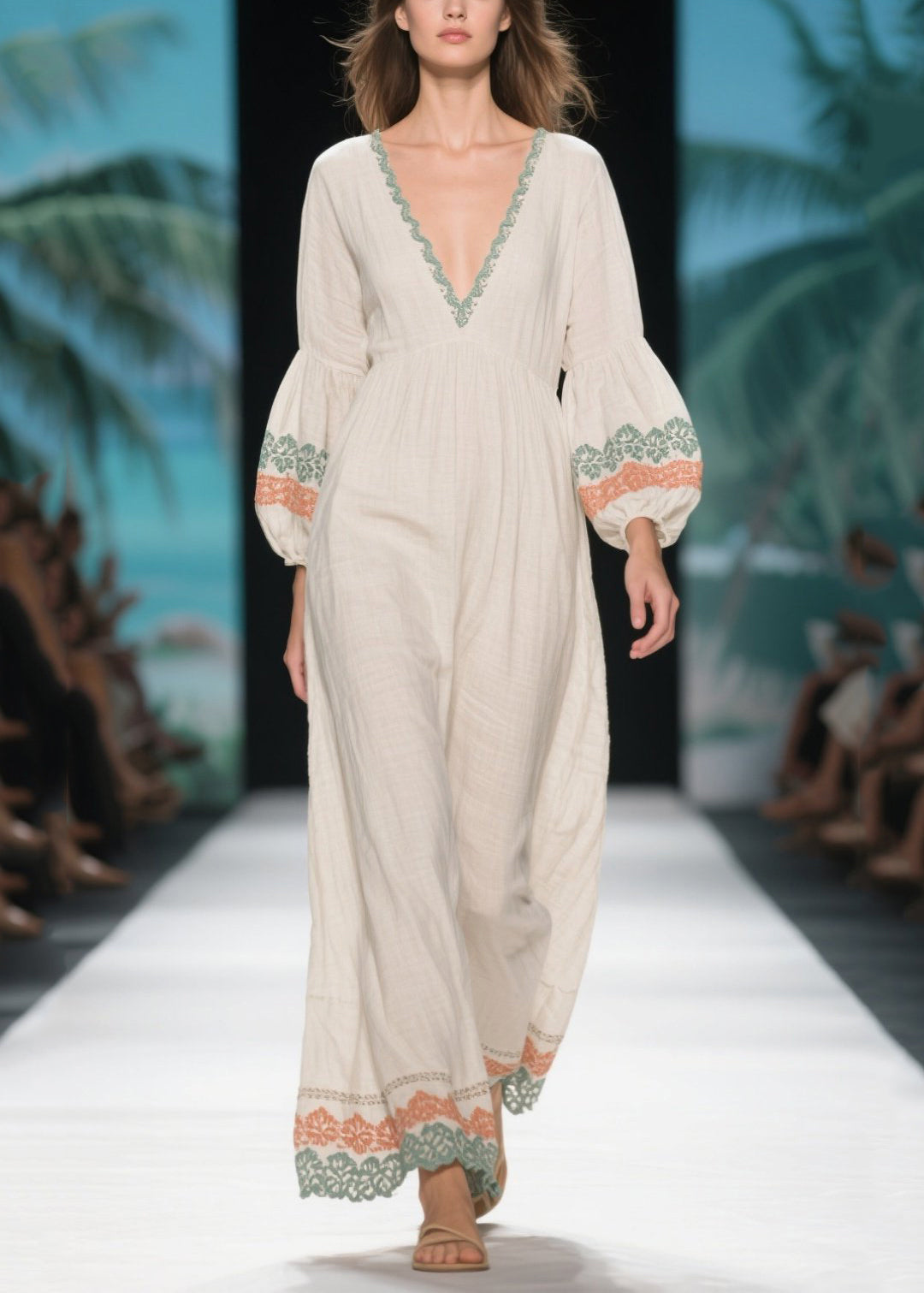 Casual White V Neck Patchwork Linen Dress Lantern Sleeve