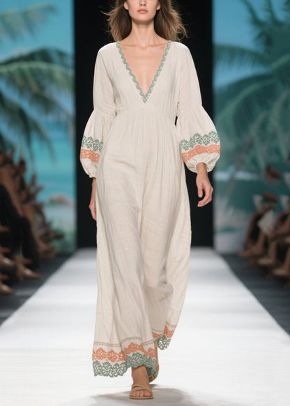 Casual White V Neck Patchwork Linen Dress Lantern Sleeve