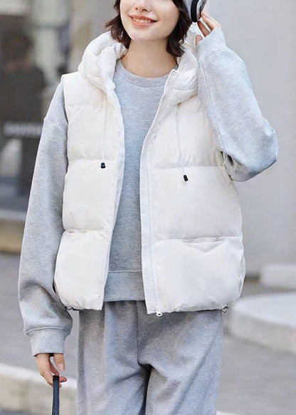 Chaleco informal de plumón de pato blanco con bolsillos y cremallera y cordón ajustable para invierno