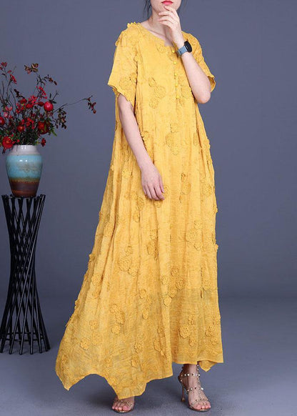 Casual Yellow 3D Floral Summer Linen Dress - SooLinen