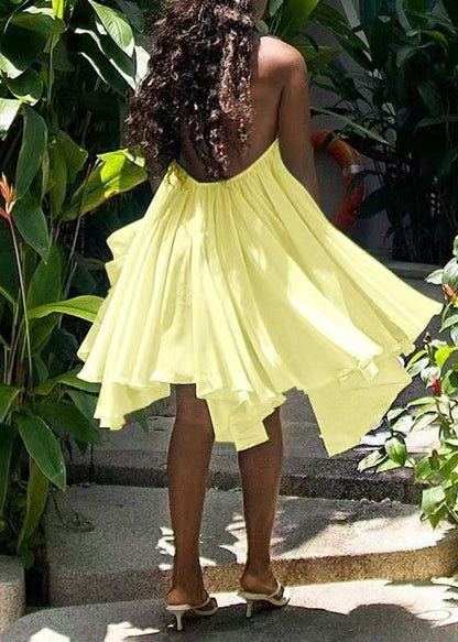 Casual Yellow Backless Halter Chiffon Mini Dress Summer