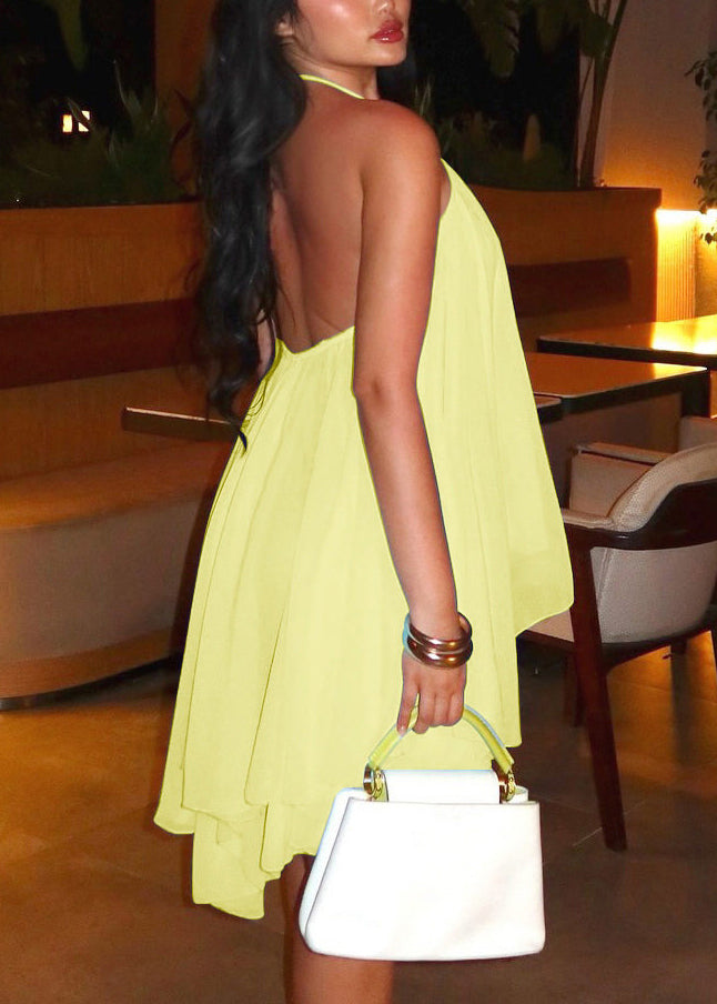 Casual Yellow Backless Halter Chiffon Mini Dress Summer