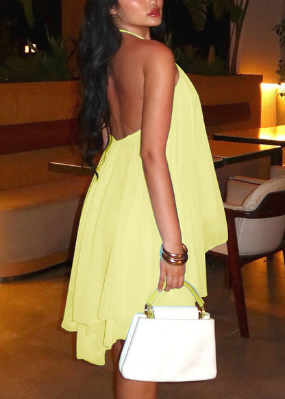 Casual Yellow Backless Halter Chiffon Mini Dress Summer