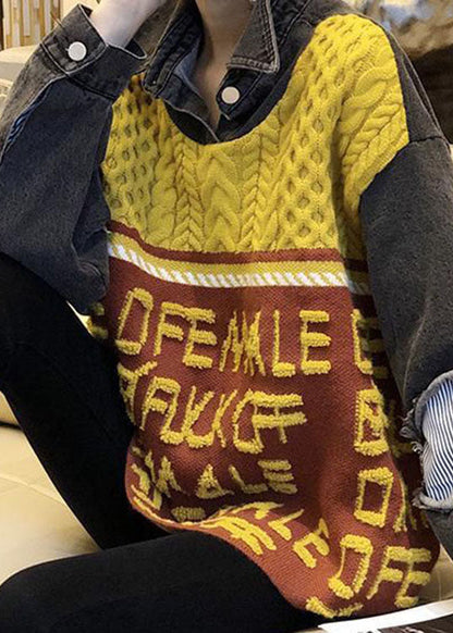 Lässiges, gelbes, lockeres Jacquard-Strickoberteil mit Patchwork-Print