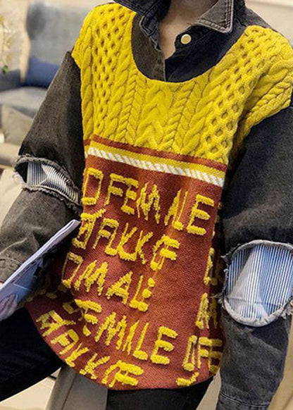 Lässiges, gelbes, lockeres Jacquard-Strickoberteil mit Patchwork-Print