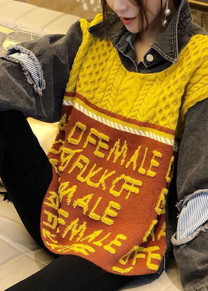 Lässiges, gelbes, lockeres Jacquard-Strickoberteil mit Patchwork-Print