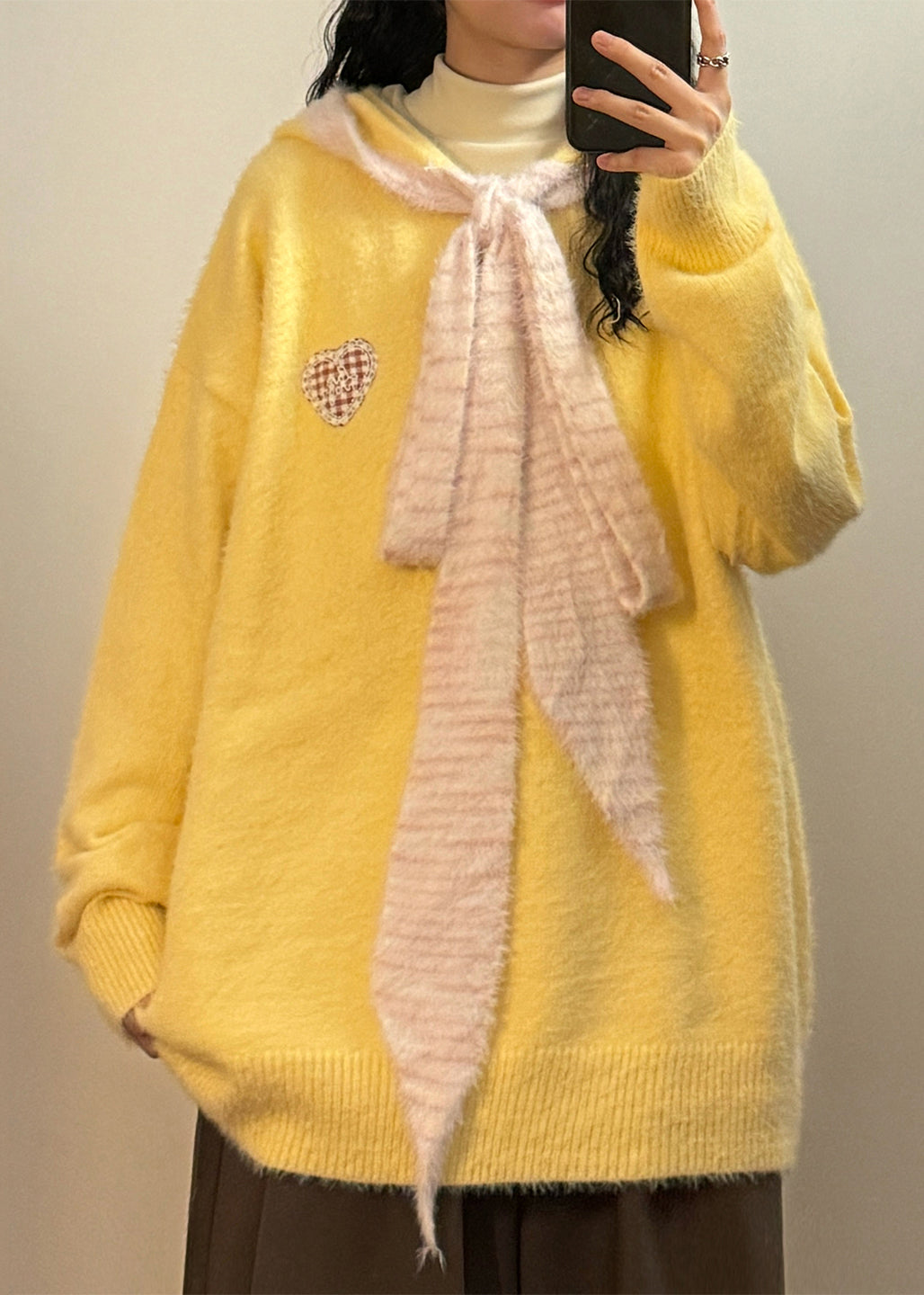 Casual Yellow Hooded Lace Up Patchwork Knit Sweater Spring