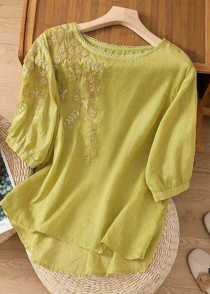 Casual Yellow O Neck Embroidered Cotton Top Summer