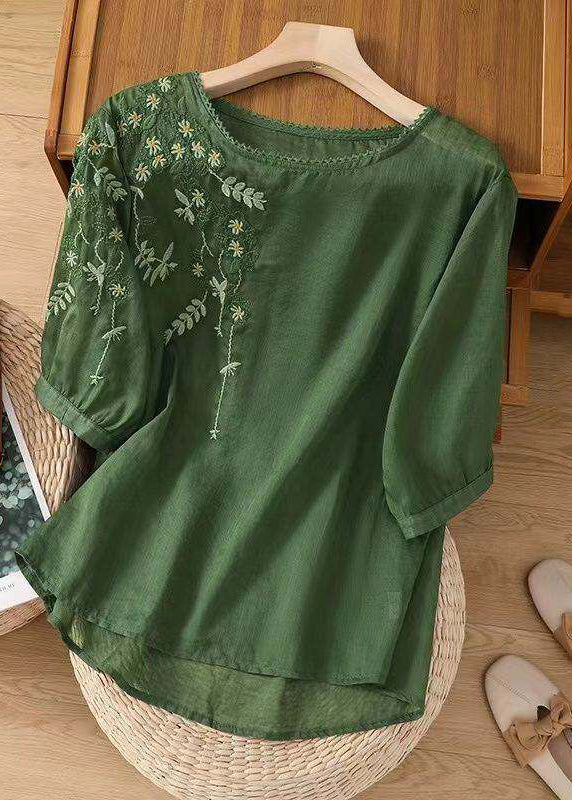 Casual Yellow O Neck Embroidered Cotton Top Summer