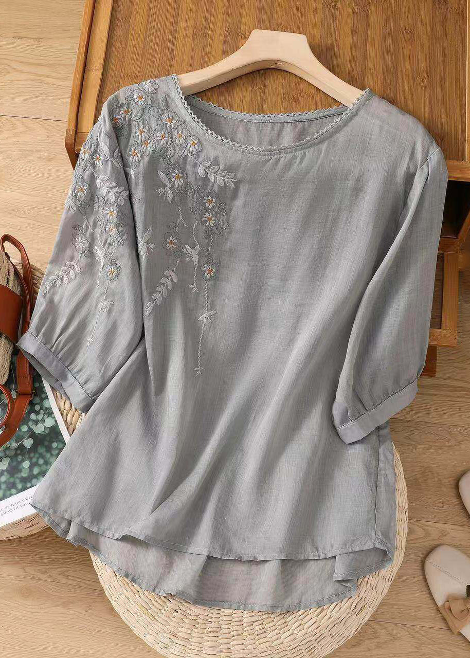 Casual Yellow O Neck Embroidered Cotton Top Summer