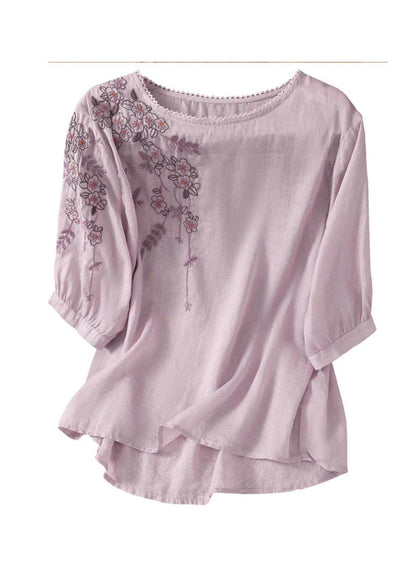 Casual Yellow O Neck Embroidered Cotton Top Summer
