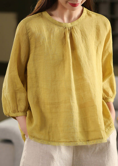 Casual Yellow O Neck Patchwork Linen Blouse Top Summer