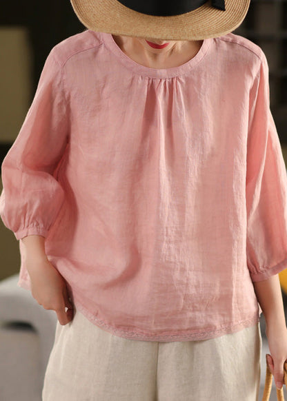 Casual Yellow O Neck Patchwork Linen Blouse Top Summer