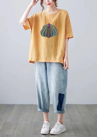 Casual Yellow O Neck Print Cotton T Shirt Top Summer