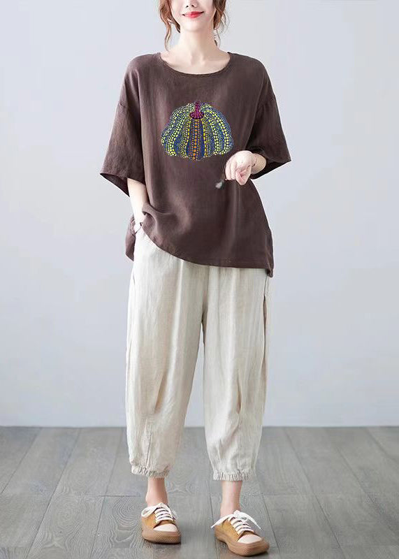 Casual Yellow O Neck Print Cotton T Shirt Top Summer