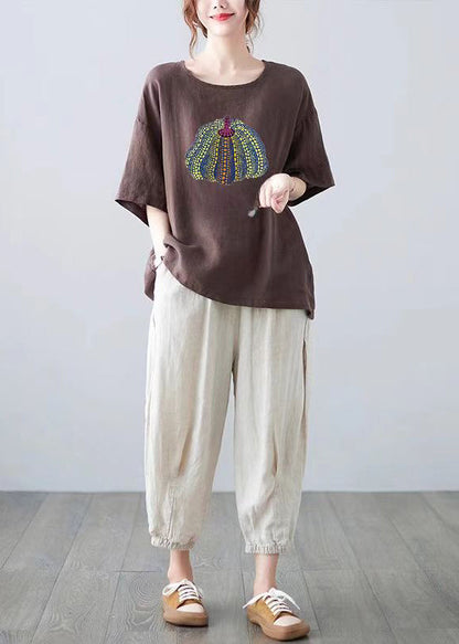 Casual Yellow O Neck Print Cotton T Shirt Top Summer