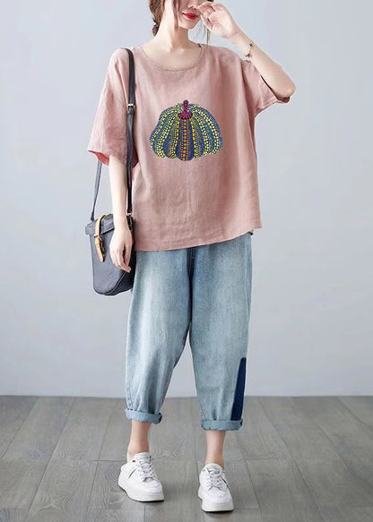 Casual Yellow O Neck Print Cotton T Shirt Top Summer