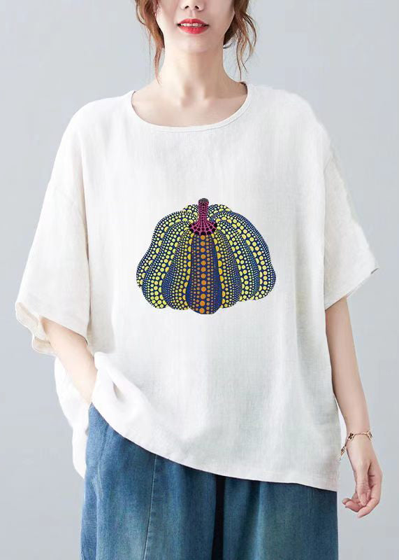 Casual Yellow O Neck Print Cotton T Shirt Top Summer