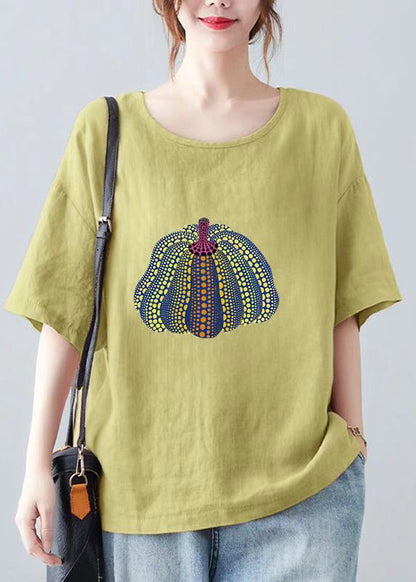 Casual Yellow O Neck Print Cotton T Shirt Top Summer