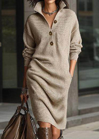 Casual Yellow Peter Pan Collar Pockets Cotton Knit Sweater Dress Spring