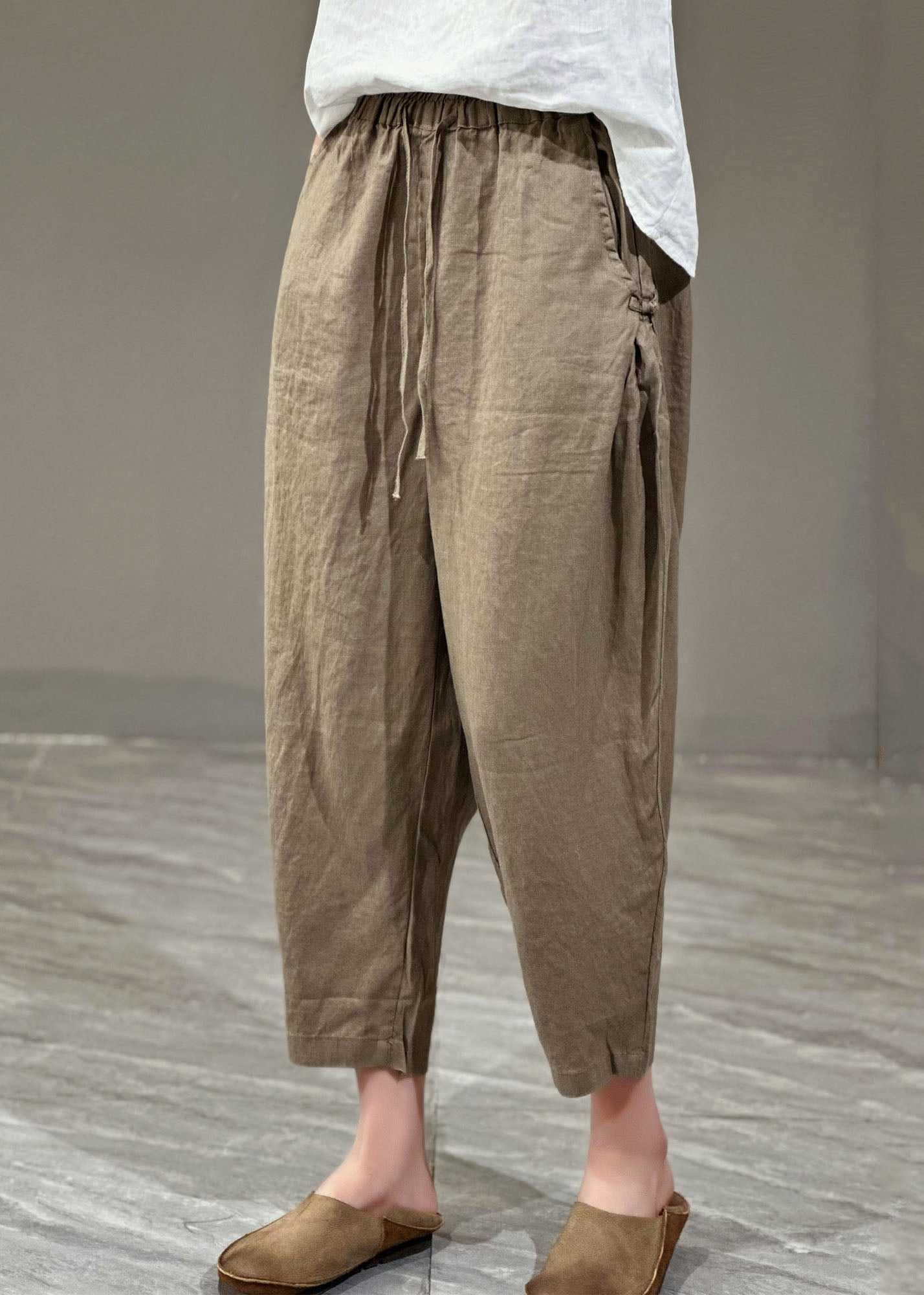 Lässige gelbe Taschen Cinched Patchwork Leinen Haremshose Sommer