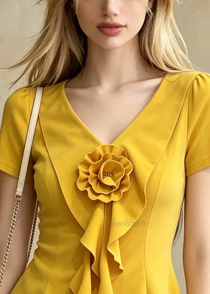 Casual Yellow Ruffled Floral Cotton Top Summer