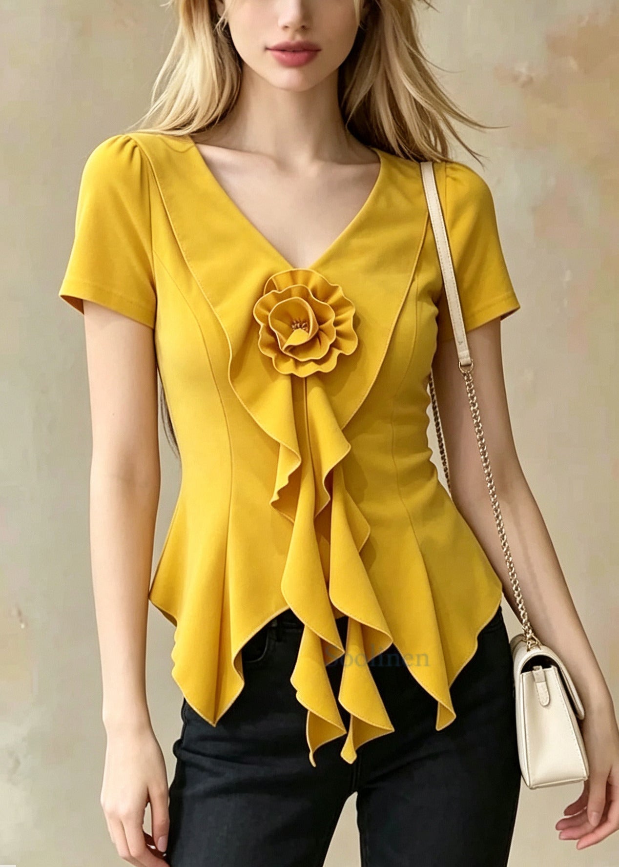 Casual Yellow Ruffled Floral Cotton Top Summer