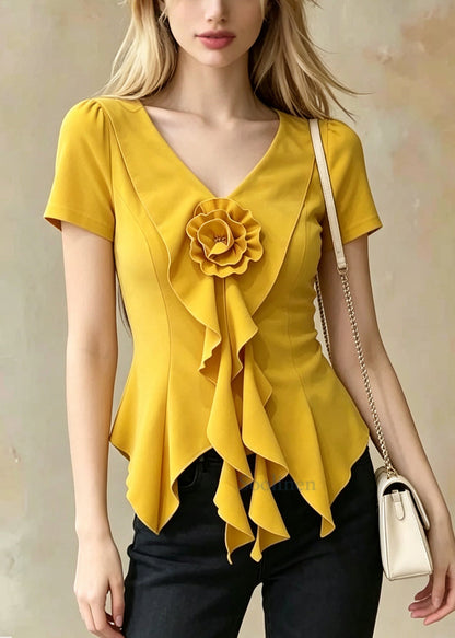 Casual Yellow Ruffled Floral Cotton Top Summer
