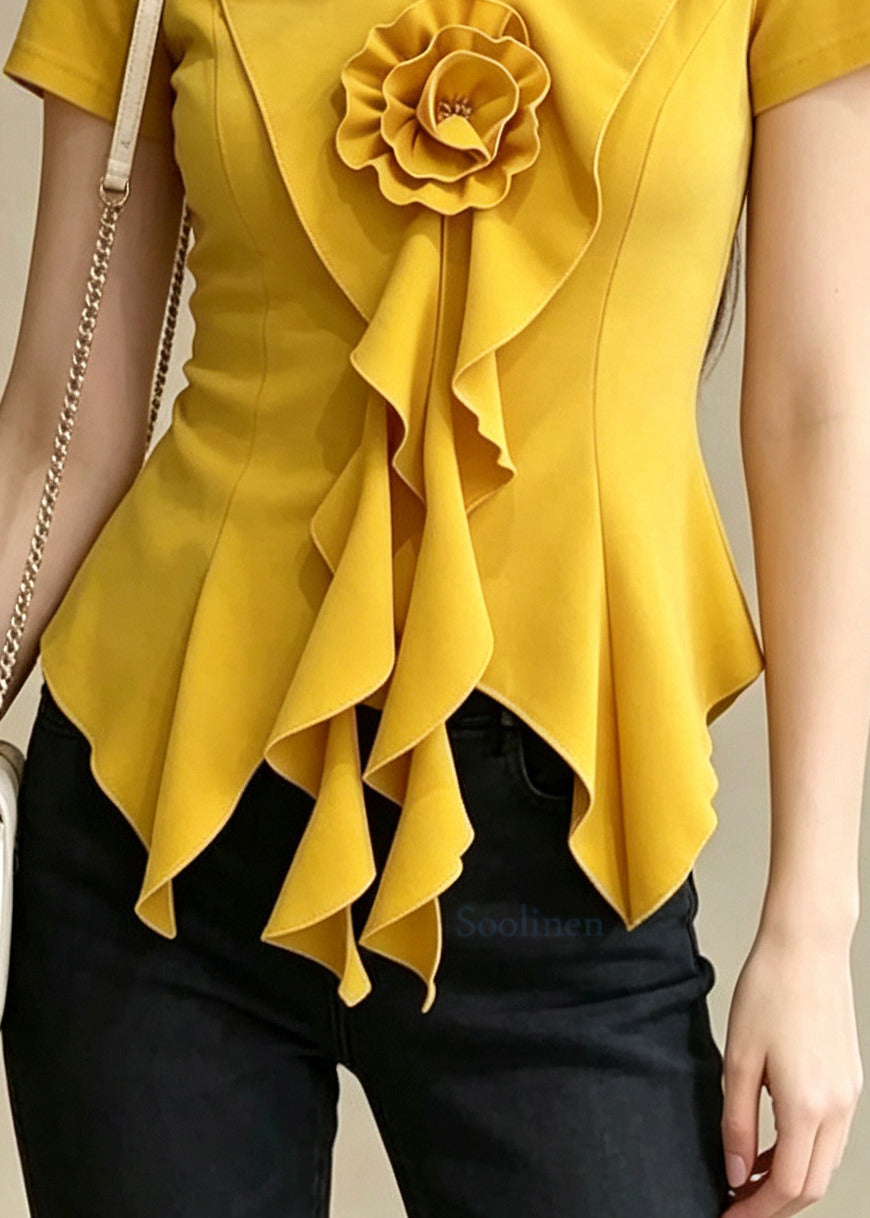 Casual Yellow Ruffled Floral Cotton Top Summer