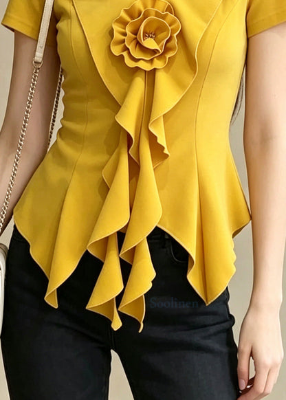 Casual Yellow Ruffled Floral Cotton Top Summer