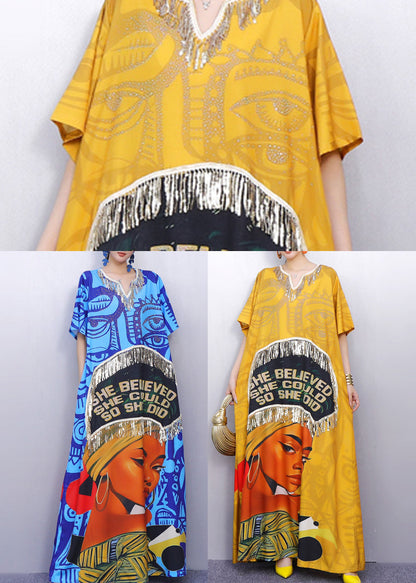 Lässiges gelbes Maxikleid aus Baumwolle mit Quastenmuster für den Sommer