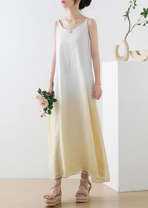 Casual Yellow Tie Dye Backless Ramie Dress Summer - SooLinen