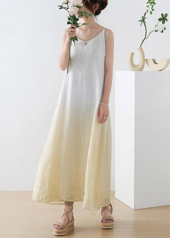 Casual Yellow Tie Dye Backless Ramie Dress Summer - SooLinen