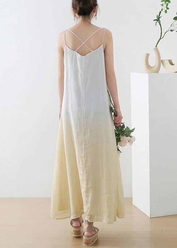 Casual Yellow Tie Dye Backless Ramie Dress Summer - SooLinen