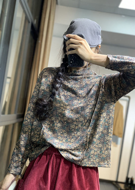 Lässiges gelbes Rollkragen-Baumwolltop mit Patchwork-Print für den Herbst