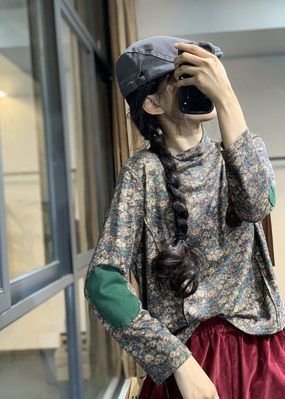 Lässiges gelbes Rollkragen-Baumwolltop mit Patchwork-Print für den Herbst