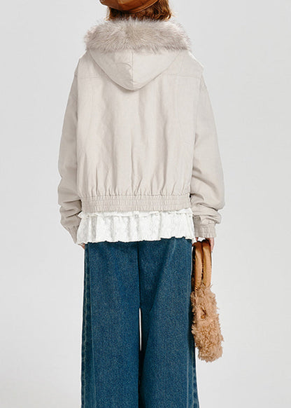 Casual Zip Up Fuzzy Fur Patchwork Fine Cotton Filled Hooded Jacket Winter