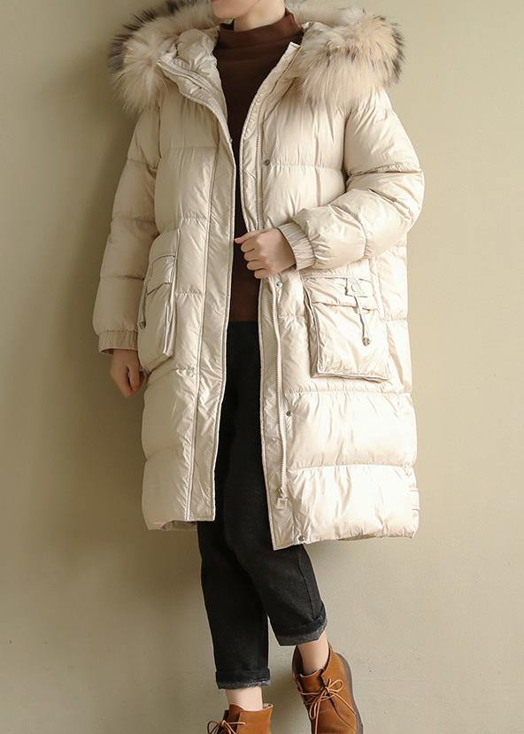 Casual beige warm winter coat oversize hooded winter jacket faux fur collar New winter outwear - SooLinen